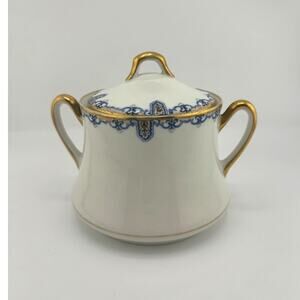C Ahrenfeldt Limoges Made In France Sugar Bowl&Lid Double Handle Gold White Blue